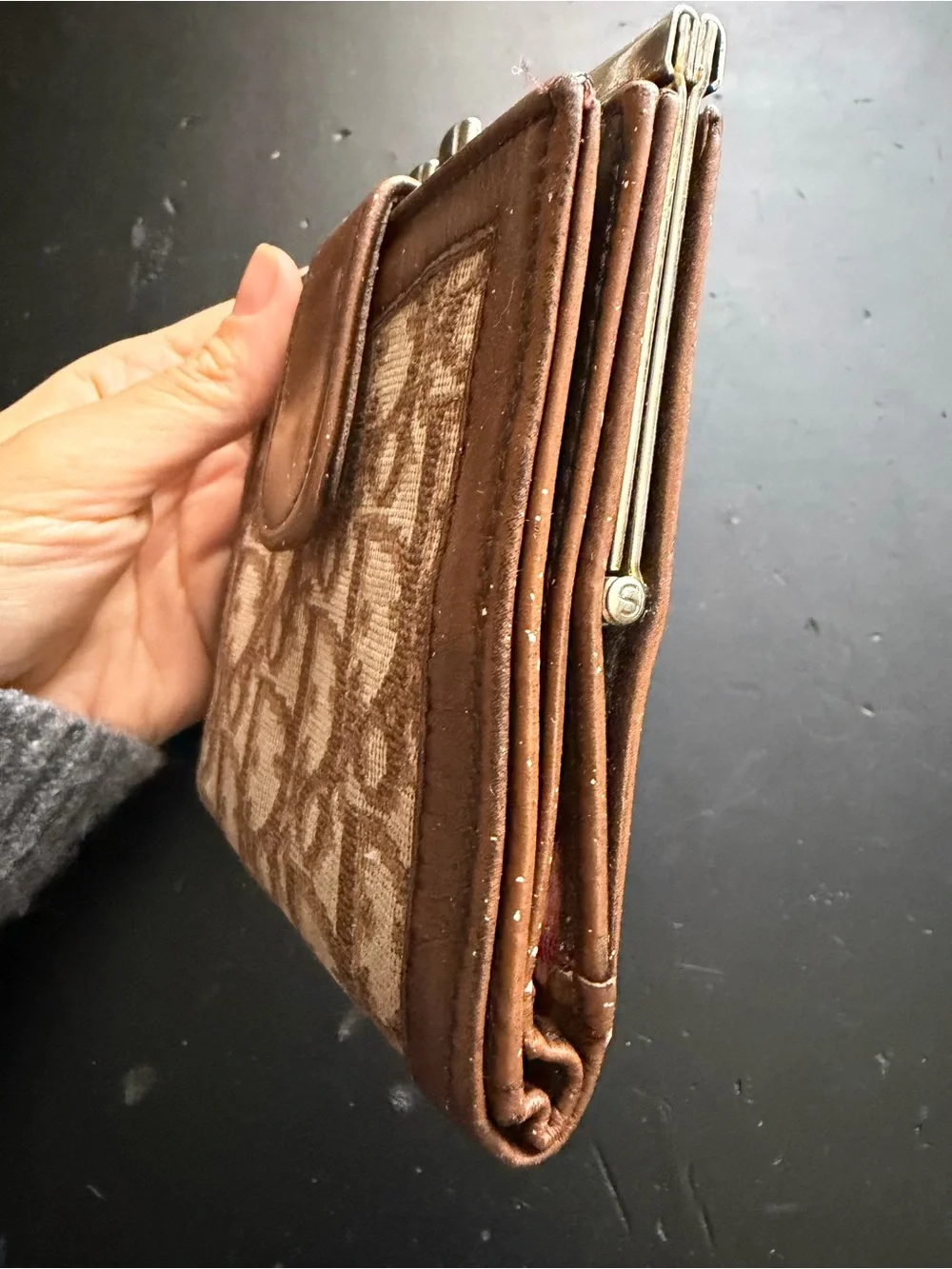 Vintage Christian Dior Trotter Oblique Canvas & Leather Kiss-Lock Compact Wallet